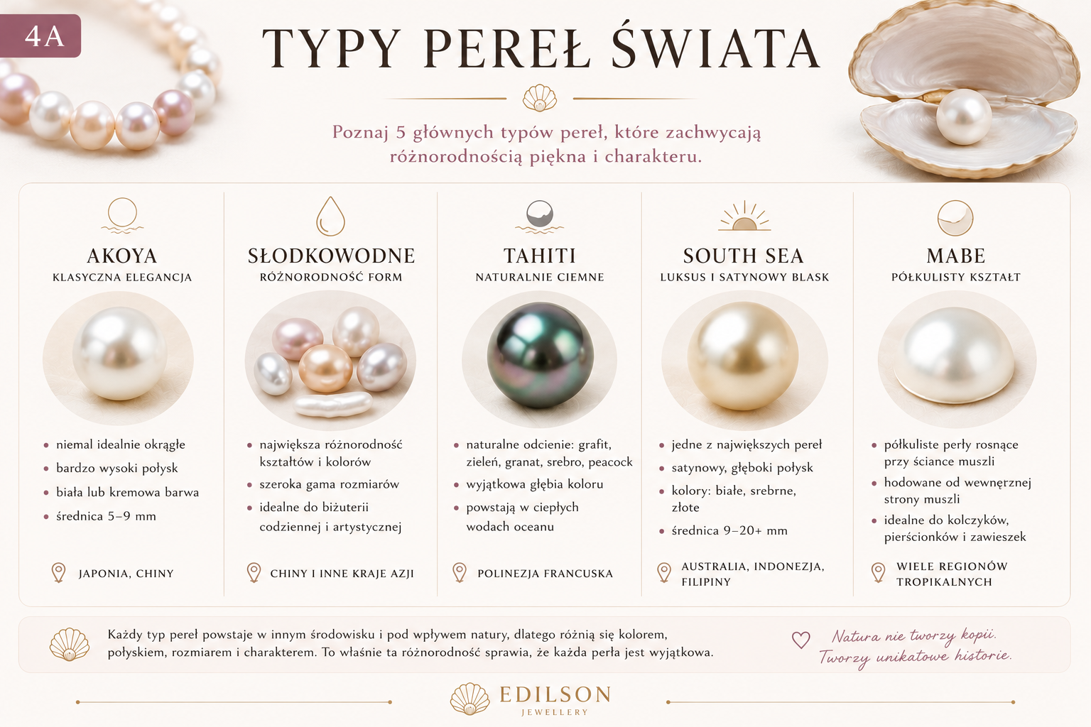 Infografika przedstawiająca pięć głównych typów pereł: Akoya, słodkowodne, Tahiti, South Sea i Mabe