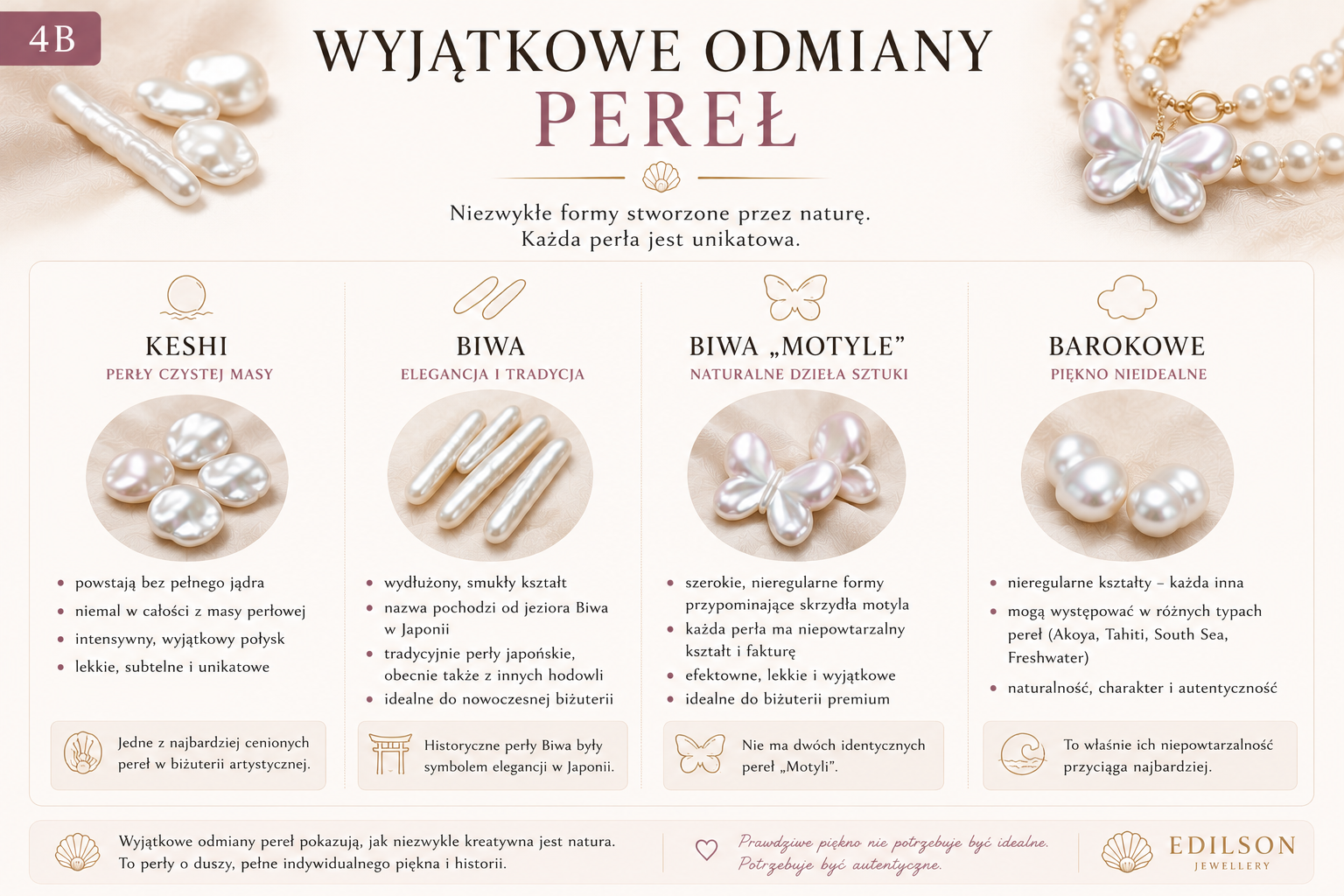 Infografika przedstawiająca wyjątkowe odmiany pereł: Keshi, Biwa, Biwa „Motyle” oraz perły barokowe